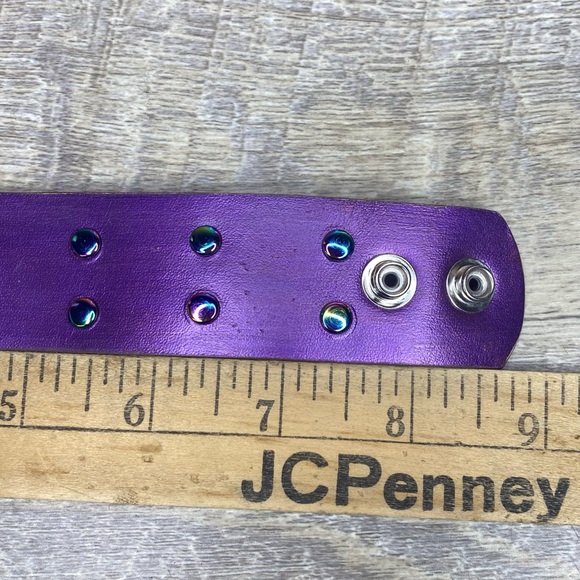 Deep purple painted leather bracelet handmade jewelry with rainbow rivets 1.25” - Picture 7 of 9
